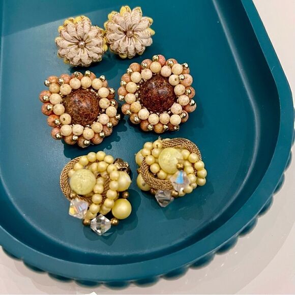 Incredible 3 Pair Lot Vintage MCM Fabric Beaded Crystal Cluster Clip Earring Lot - Picture 1 of 6